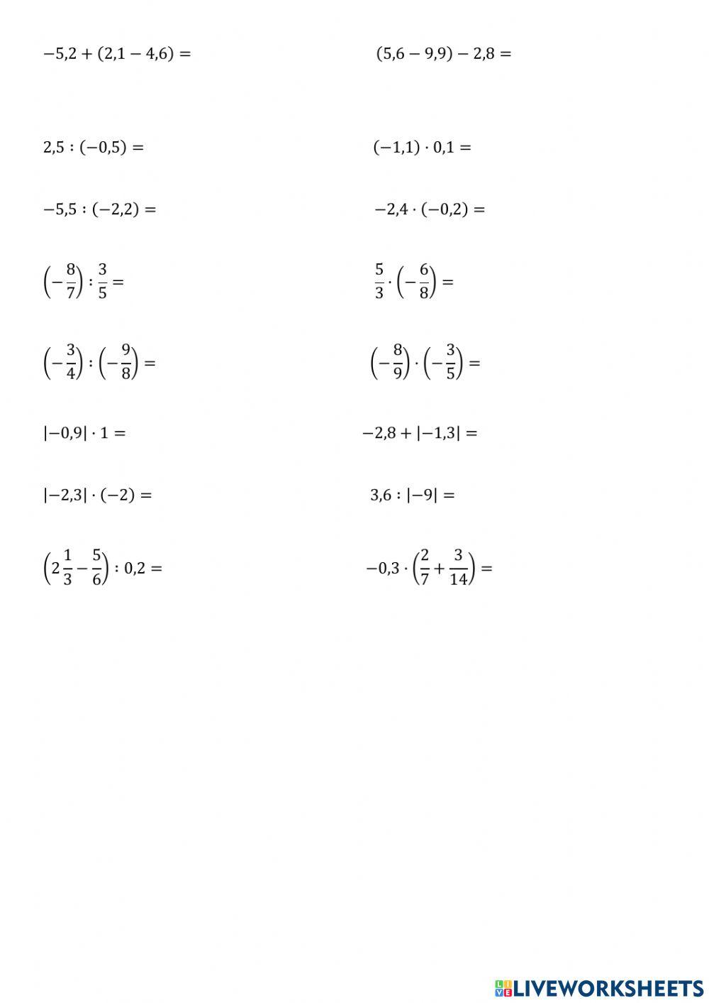 Racionální čísla, písemka - souhrn