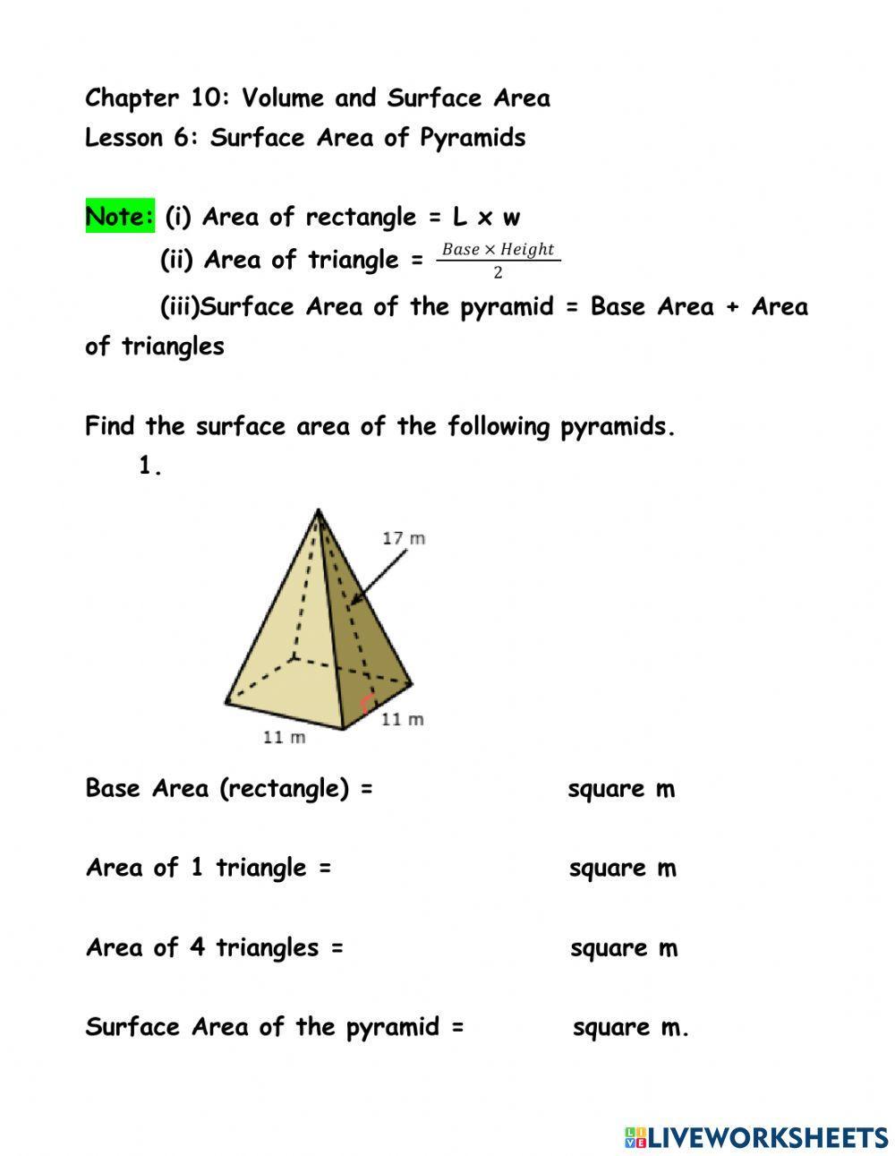 Ch 10 Ln 6 Surface Area of Pyramids worksheet Live Worksheets