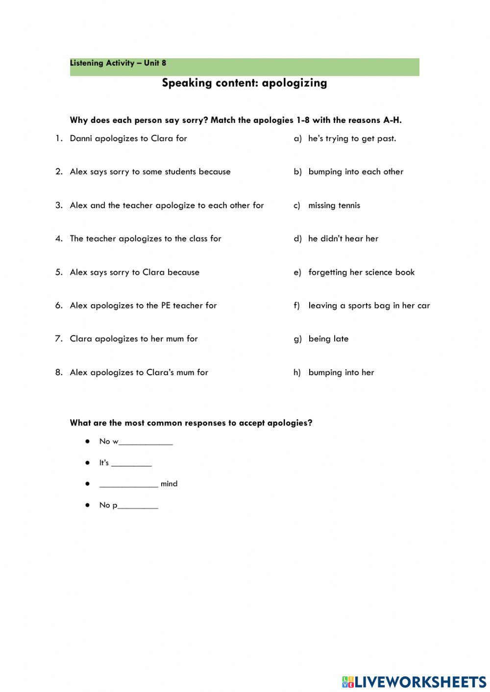 Listening activity for 3º ESO - Apologizing