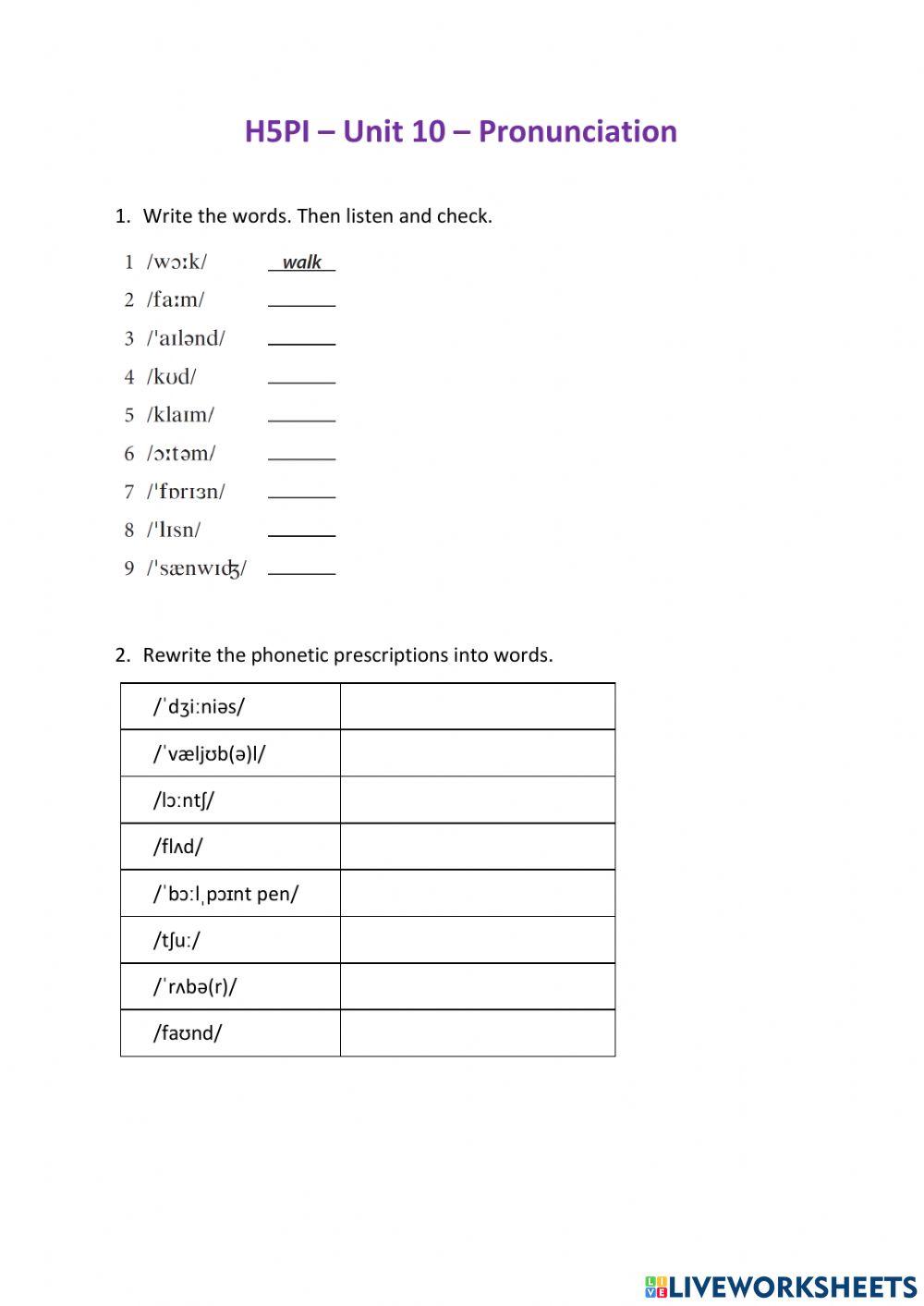 H5PI Unit 10 - pronunciation