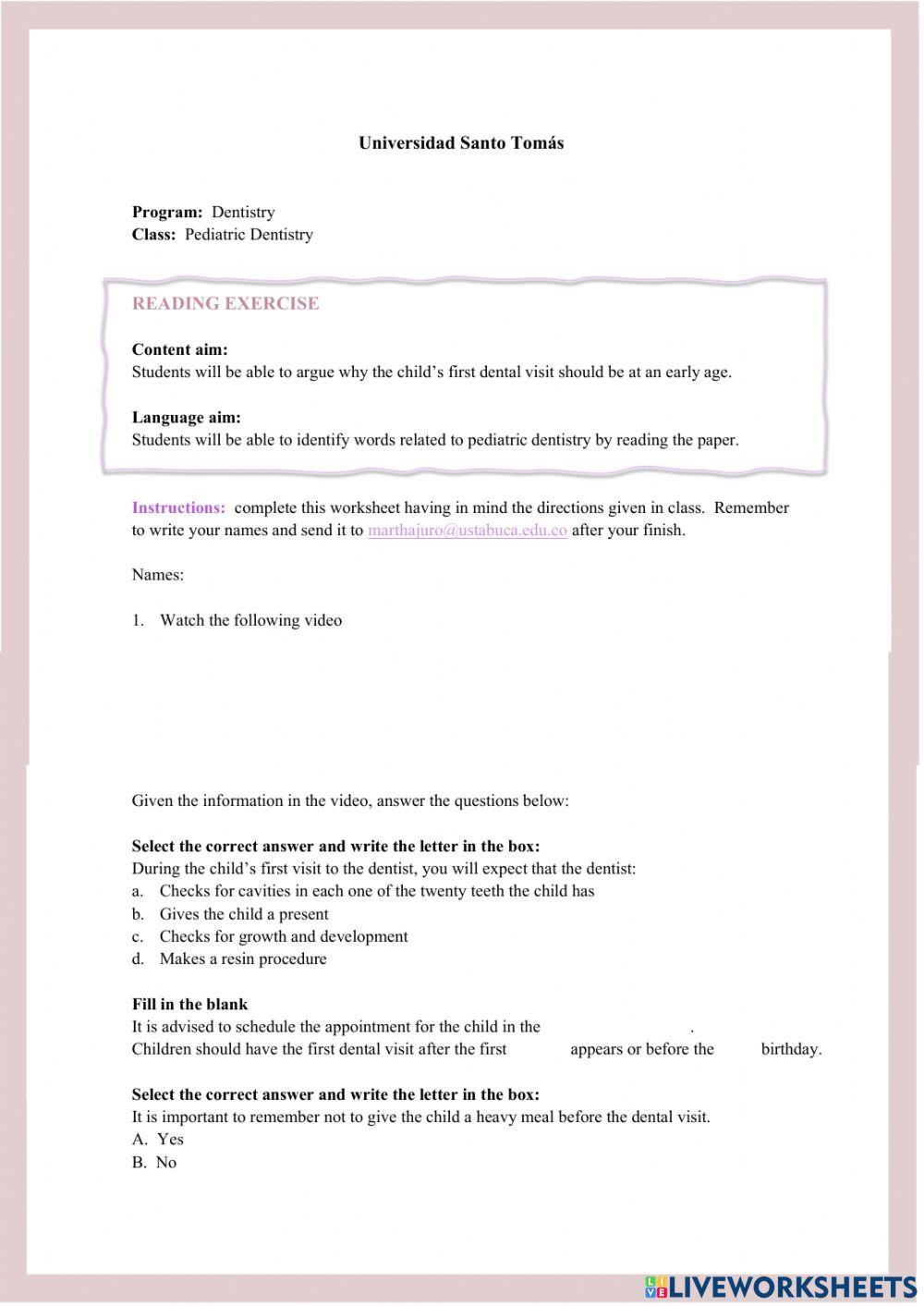 01A Reading Exercise-First dental visit