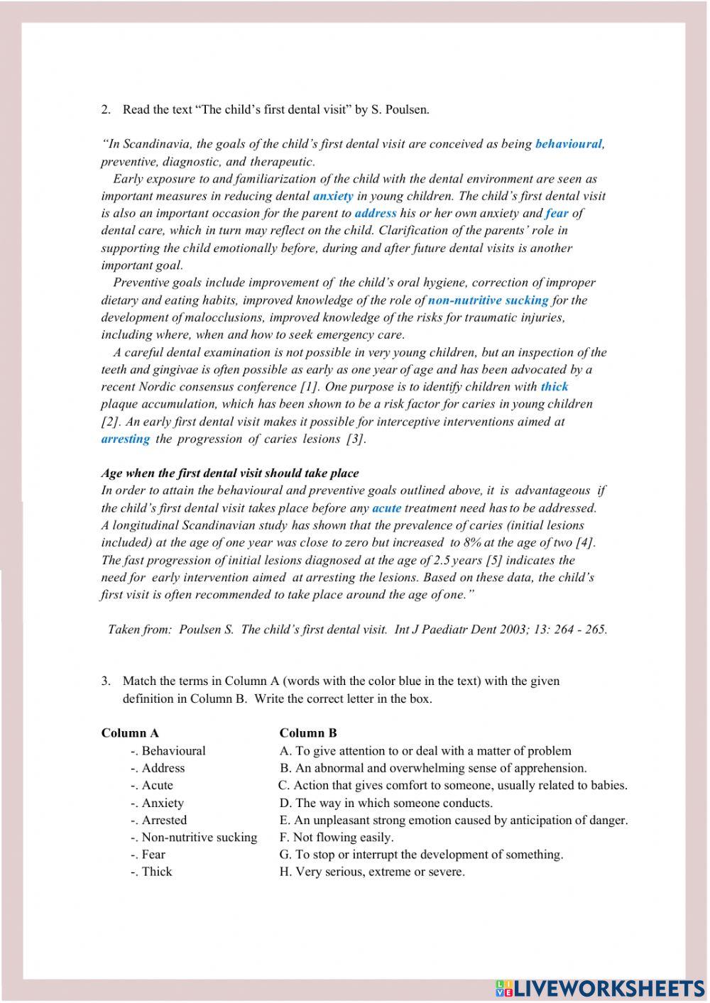 01A Reading Exercise-First dental visit