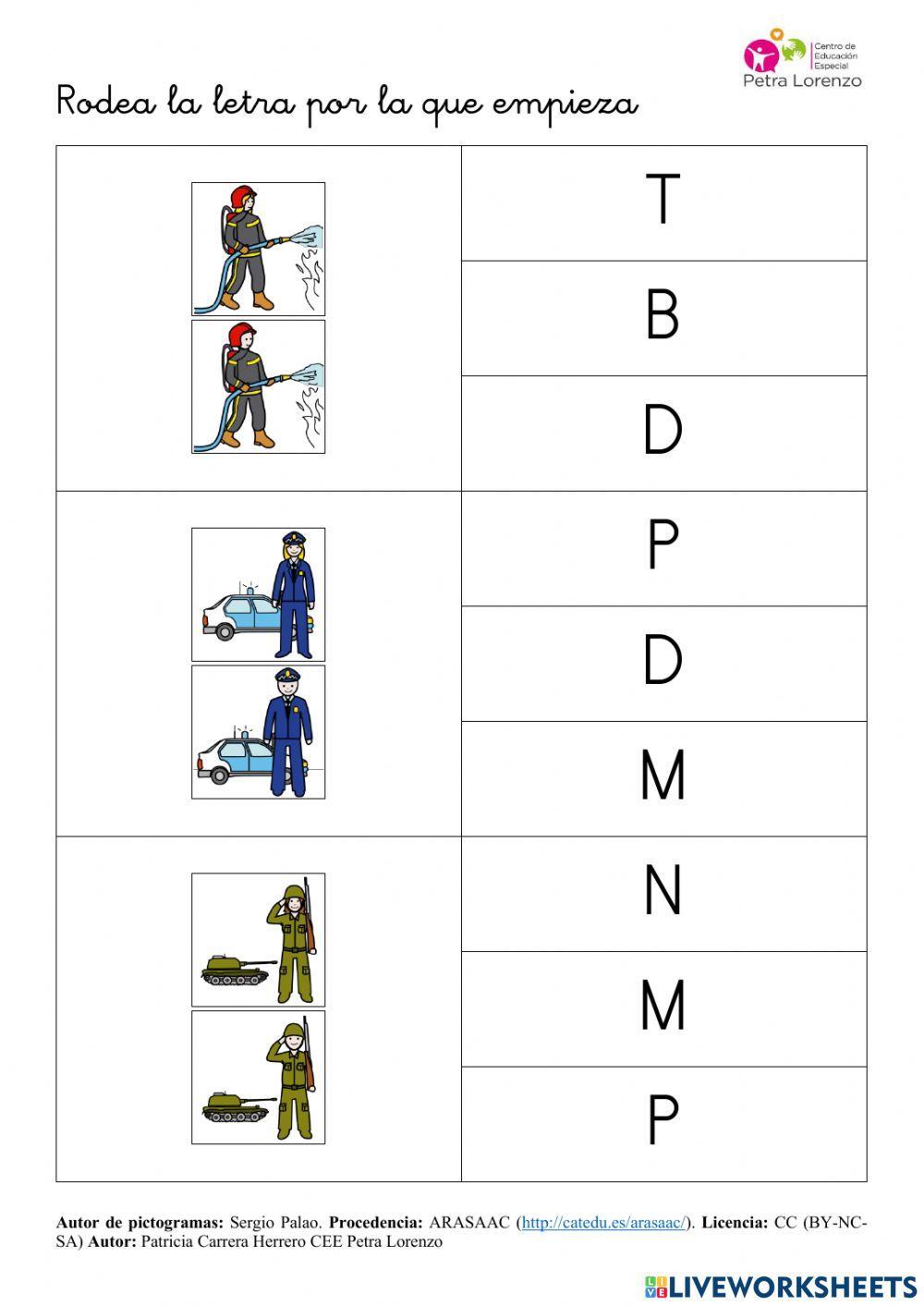SA Profesiones. Vocabulario (letra por la que empieza)