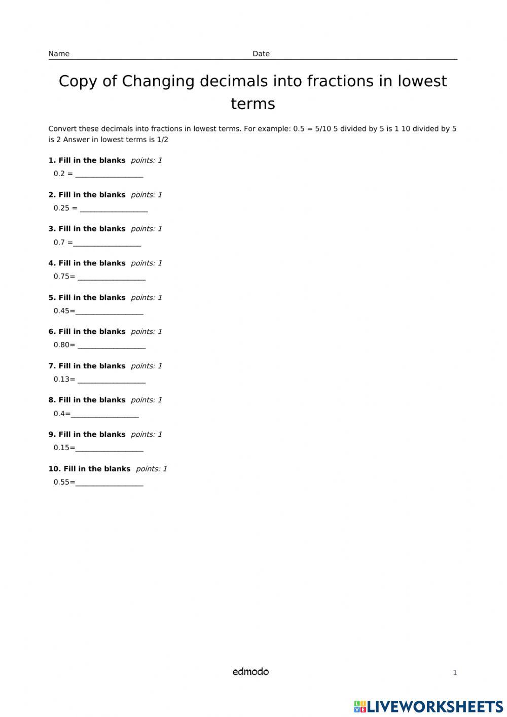 Converting Decimals into fractions in lowest terms