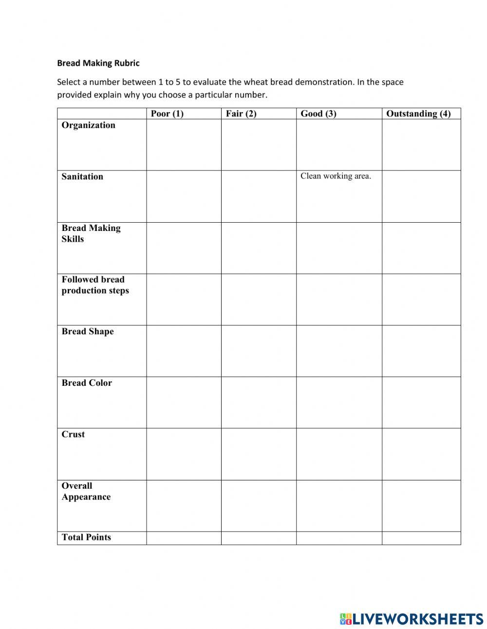 Bread Making Rubric worksheet | Live Worksheets