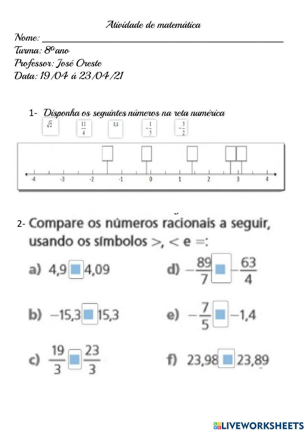 Revisão de matemática 1ºbimestre