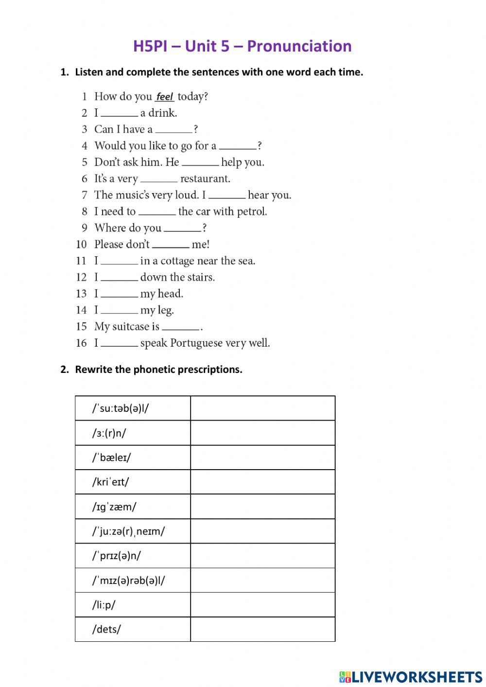 H5PI Unit 5 - pronunciation
