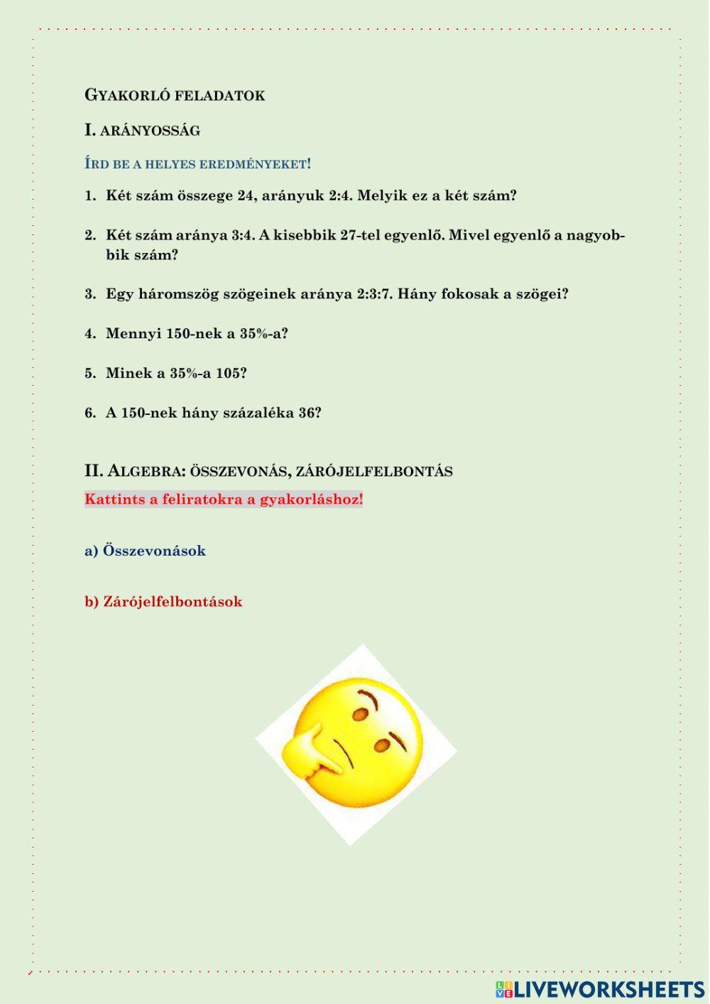 Gyakorlás: arány, algebra