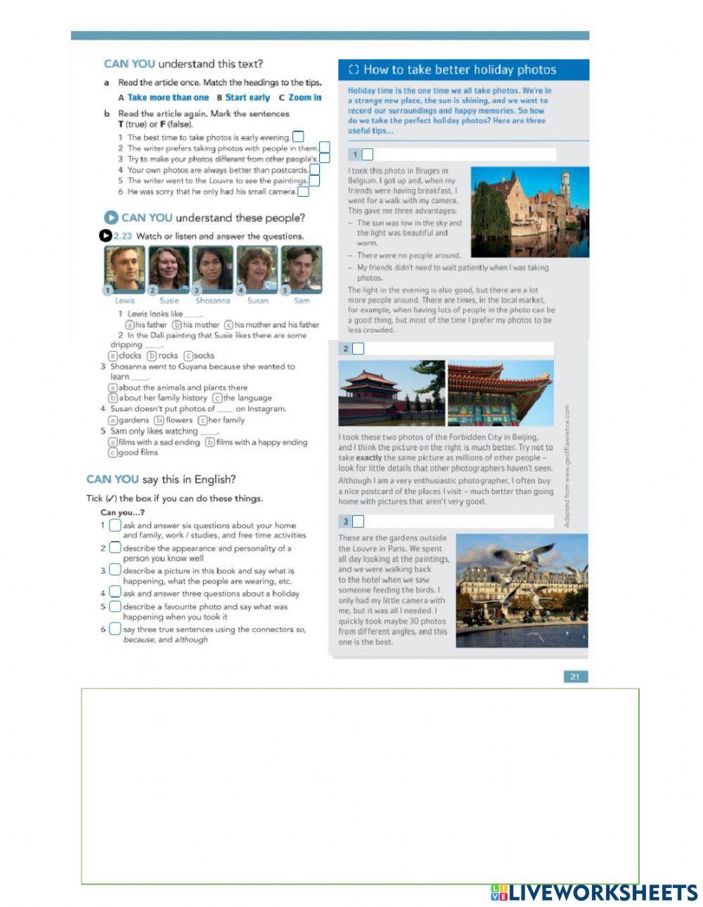 Revise and Check Unit 1 and 2 page 21  (English File Pre Intermediate)