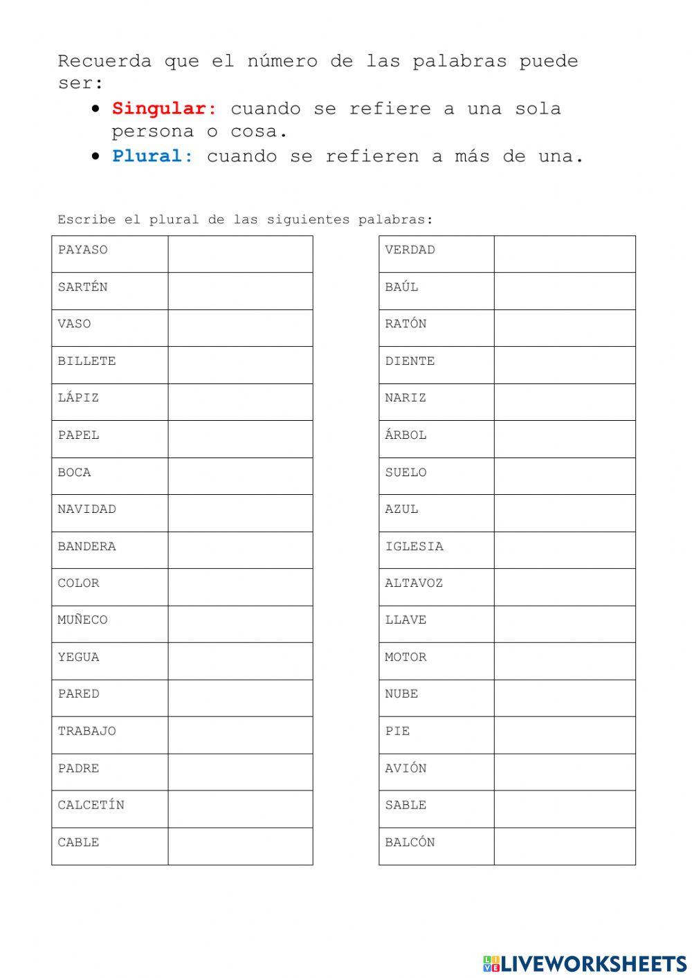 Plural de las palabras interactive worksheet | Live Worksheets
