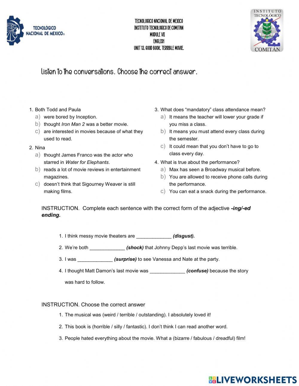 Quiz unit 13. good book terrible movie