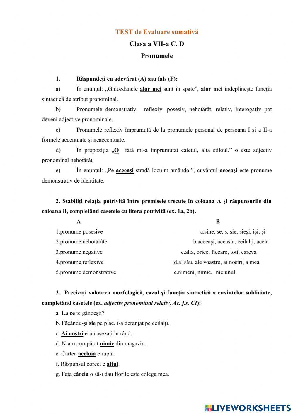 Test Pronumele cl 7 Test Pronumele cl 7