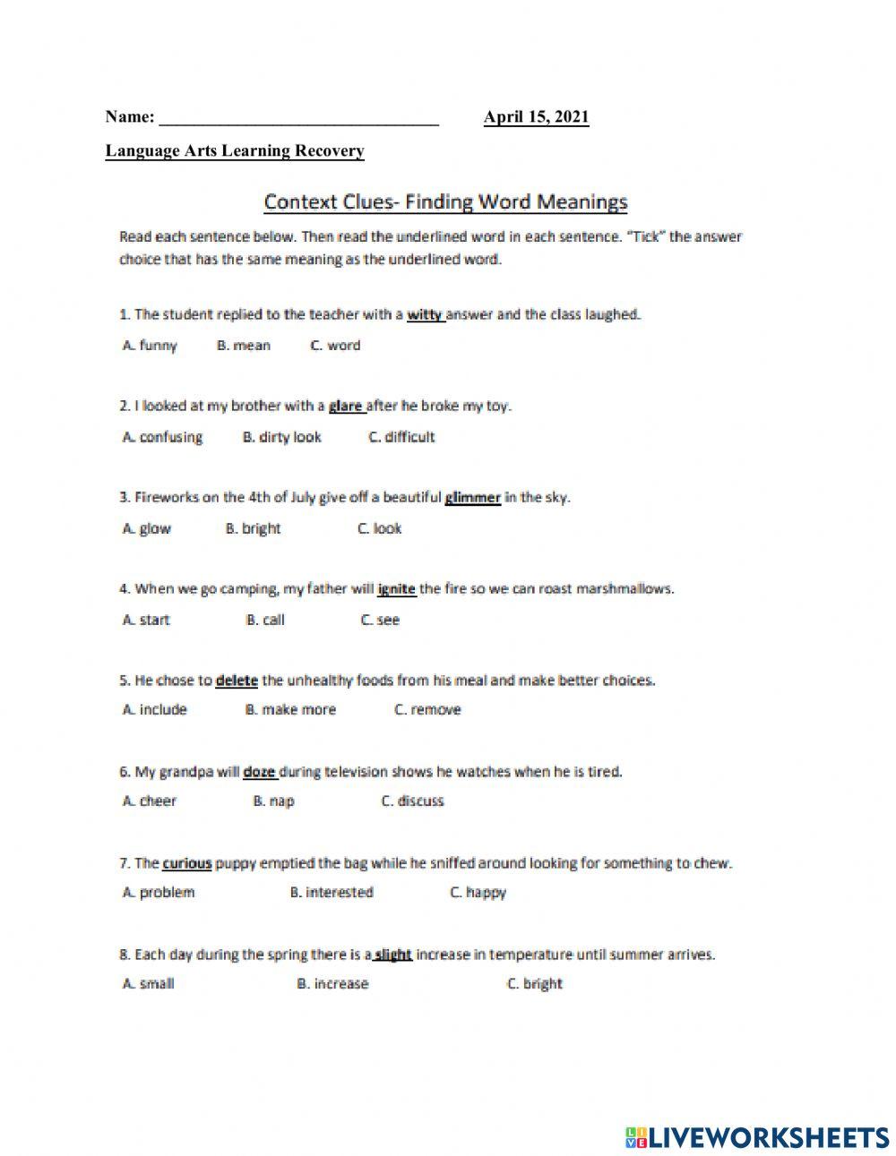 context clues 2 online exercise for Live Worksheets