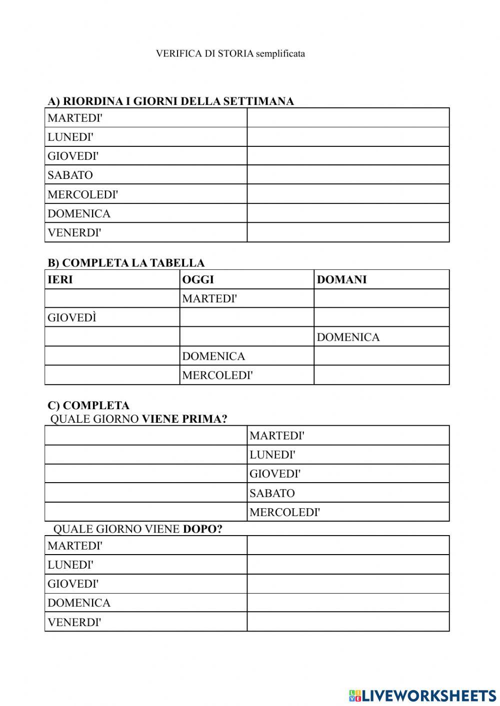 Verifica sui giorni della settimana