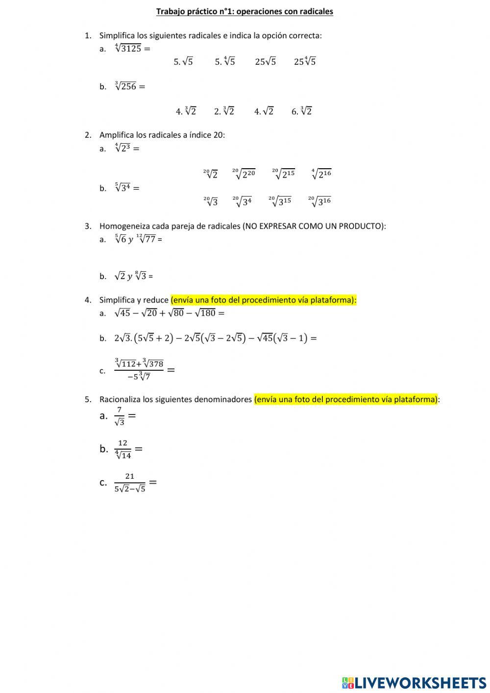Actividad: operaciones con radicales