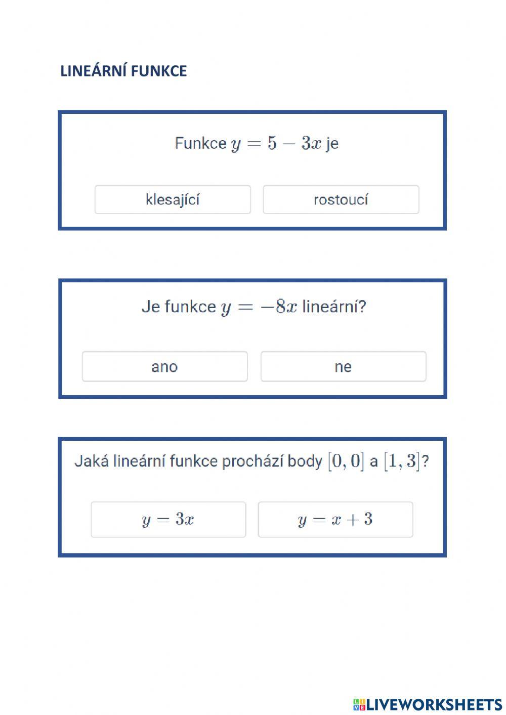 Lineární funkce - vlastnosti