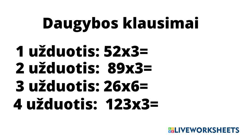 Daugyba, daugybos lentelės kartojimas.