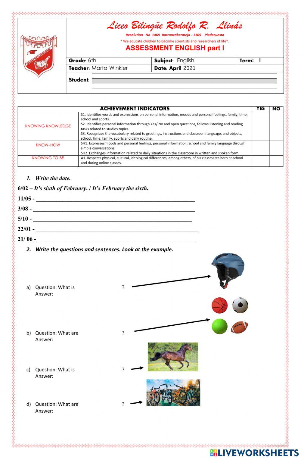 English Assessment 6 part 1
