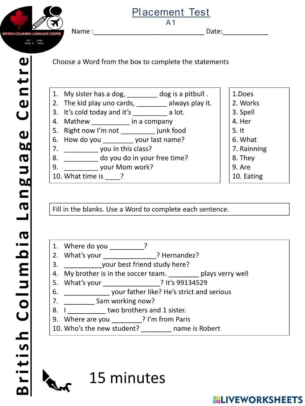 PLACEMENT TEST A 1 Edited online exercise for | Live Worksheets