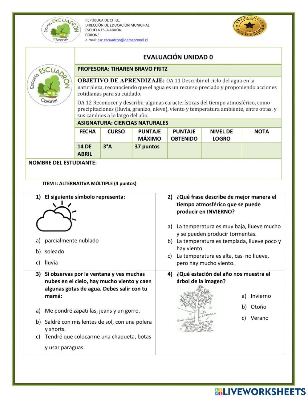 Evaluación unidad 0 Ciencias Naturales