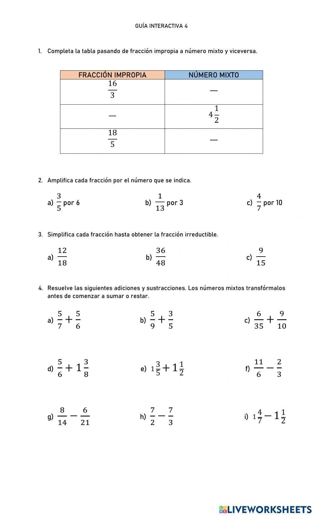 Adición y sustracciones fracciones