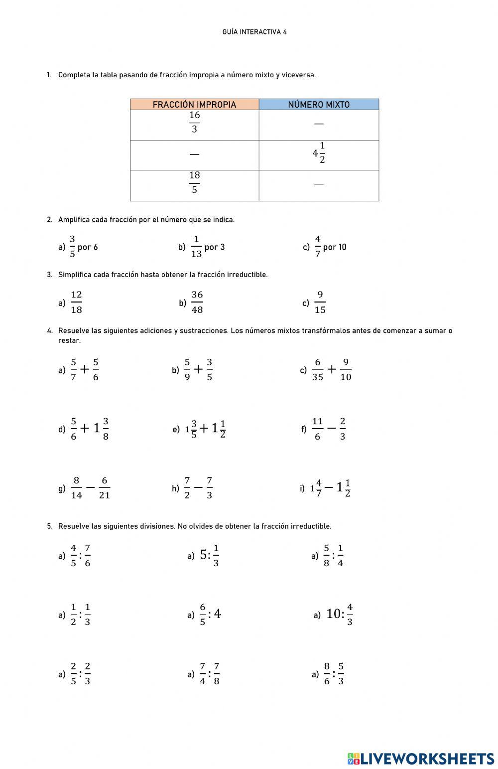 Adición, sustracción y división fracciones