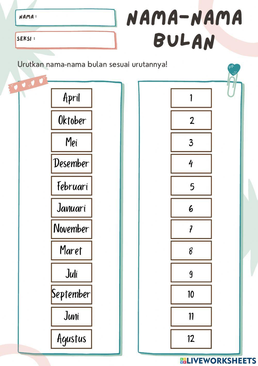 Latihan 1-Nama-nama Bulan worksheet | Live Worksheets