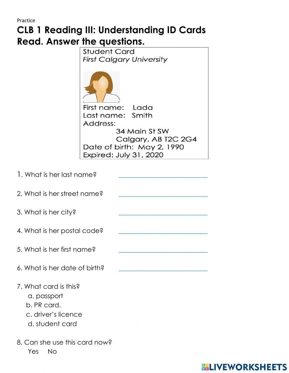 CLB 1 Reading Practice: ID Card