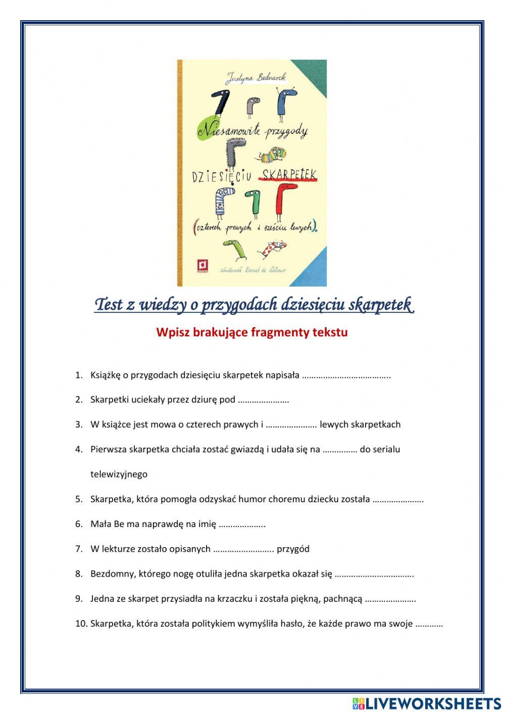 Niesamowite przygody dziesięciu skarpetek - test z lektury