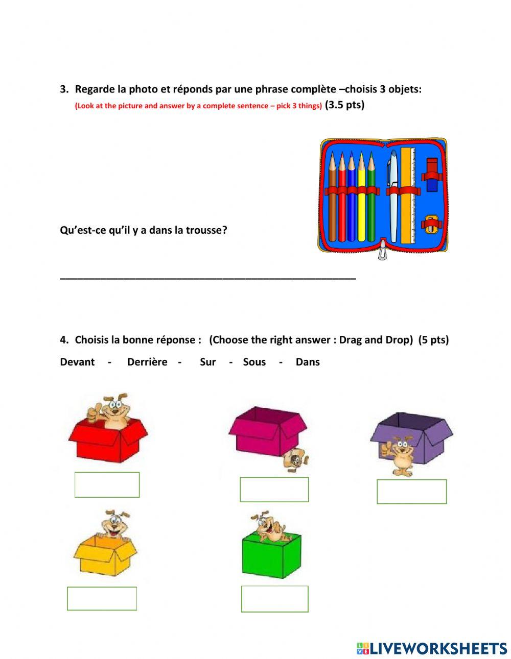 Les matérials de classe + Prépositions de lieux