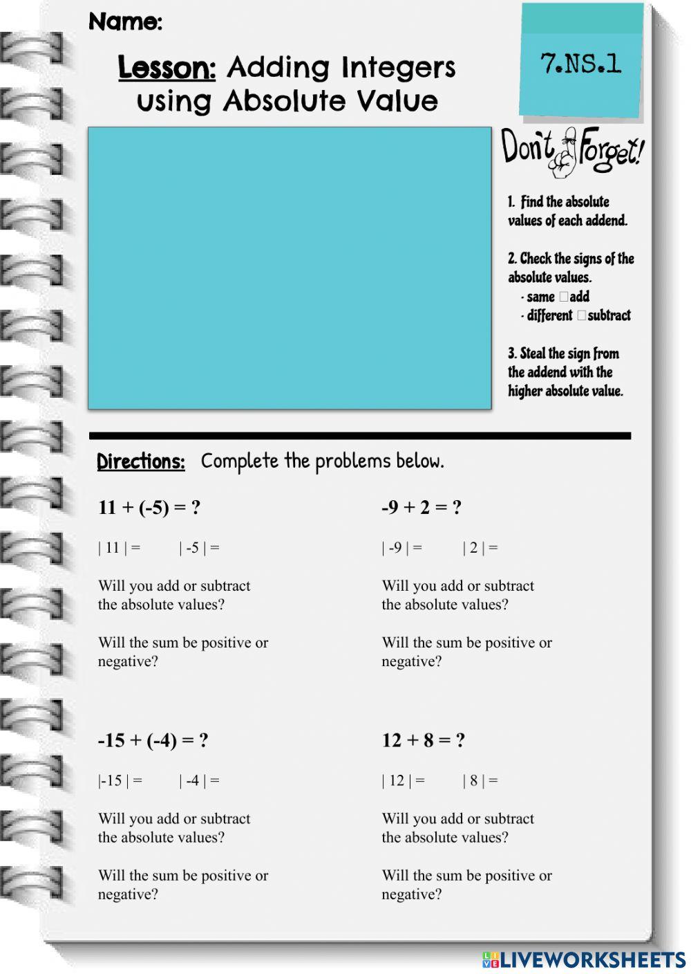 Adding Integers with Absolute Value worksheet | Live Worksheets