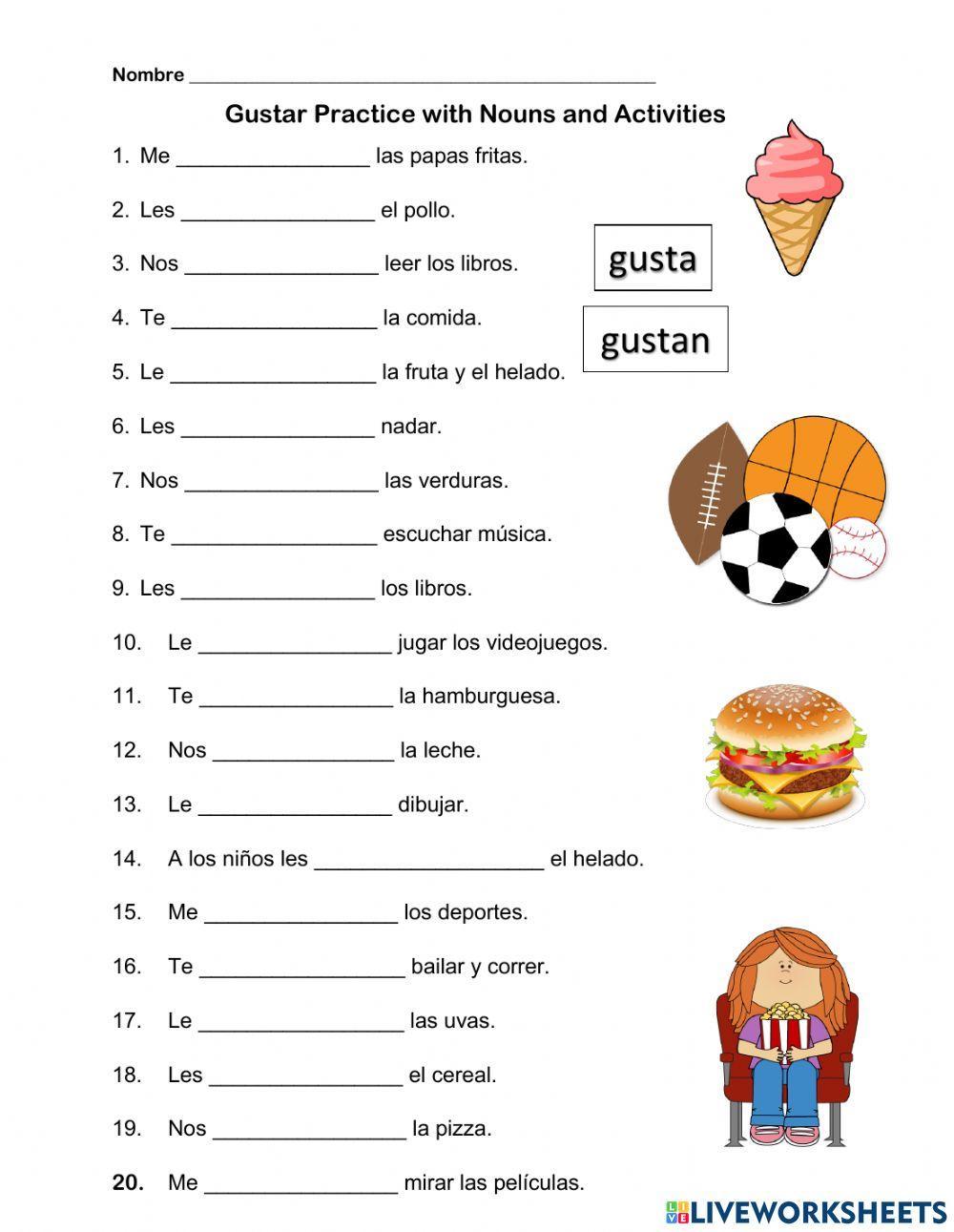 Spanish Gustar Practice with nouns and activities