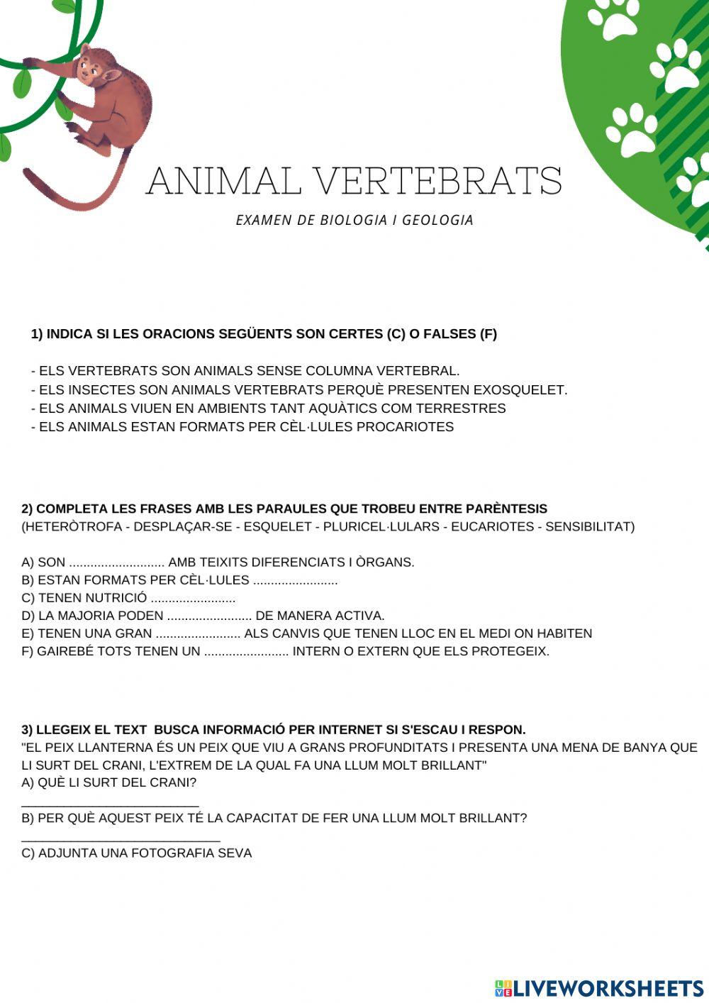 Examen els animals vertebrats