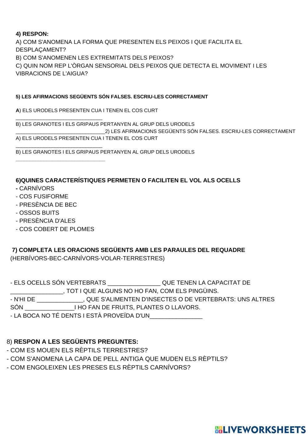 Examen els animals vertebrats