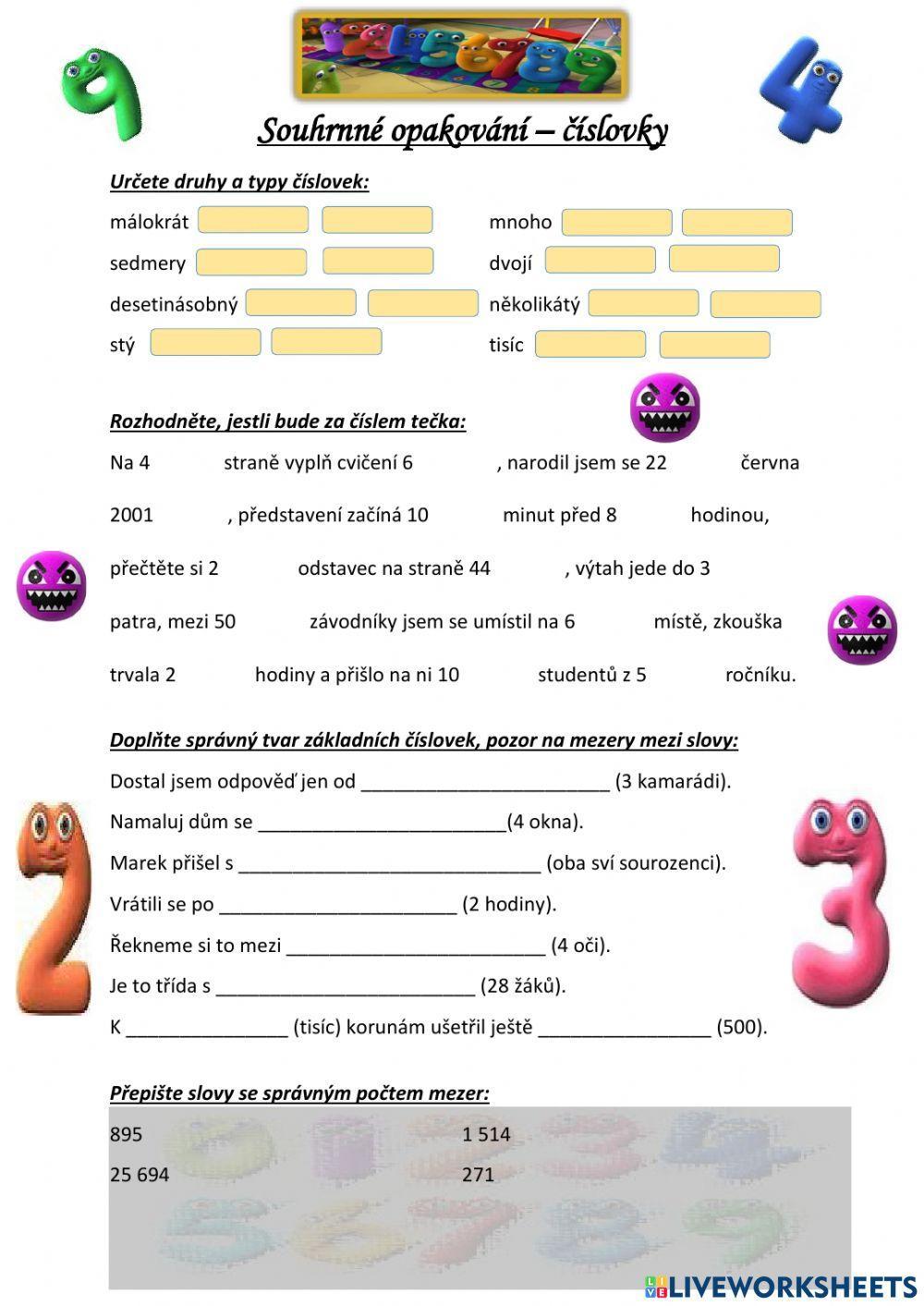 Číslovky - souhrnné opakování