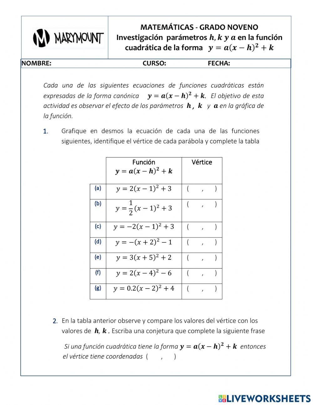 Parámetros forma canónica función cuadrática