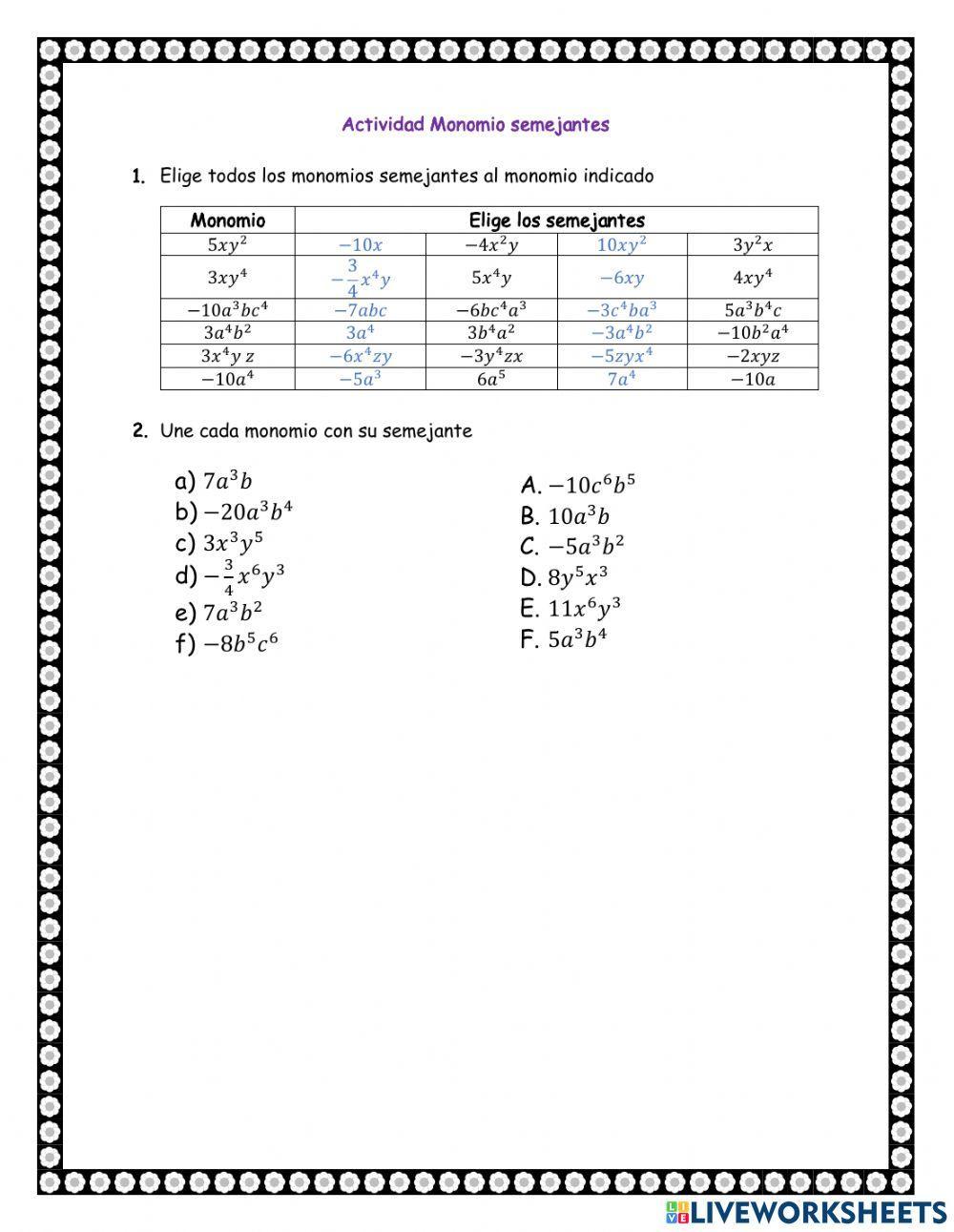 Actividad monomios semejantes