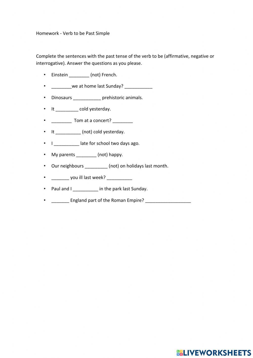 Exercises with Verb to be - Past Tense