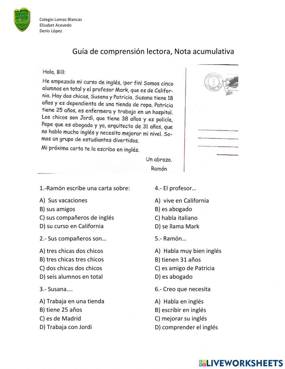 Comprension lectora carta y receta
