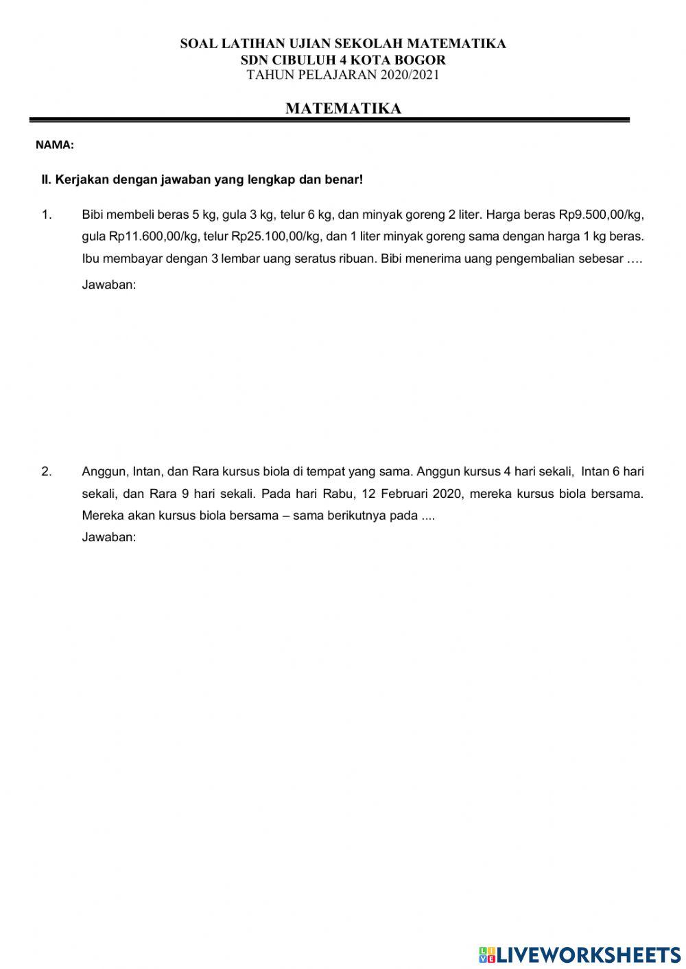 Latihan Sola Ujian Sekolah Matematika 3