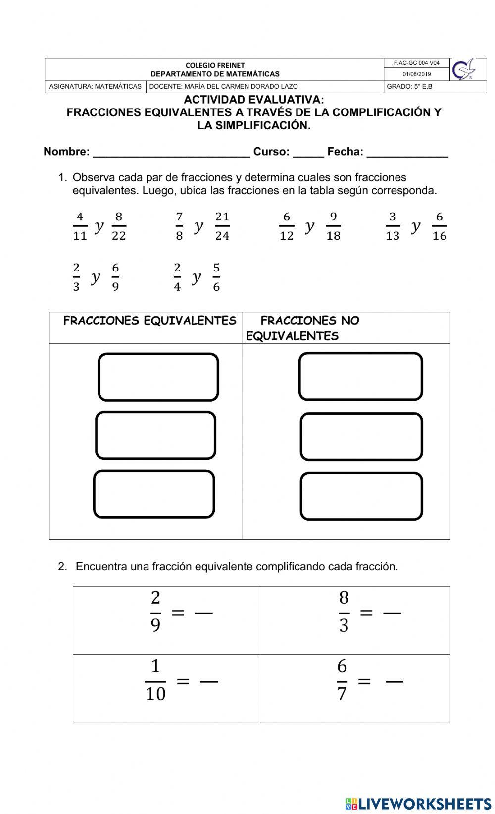 Fracciones equivalentes a través de la complificación y la simplificación.