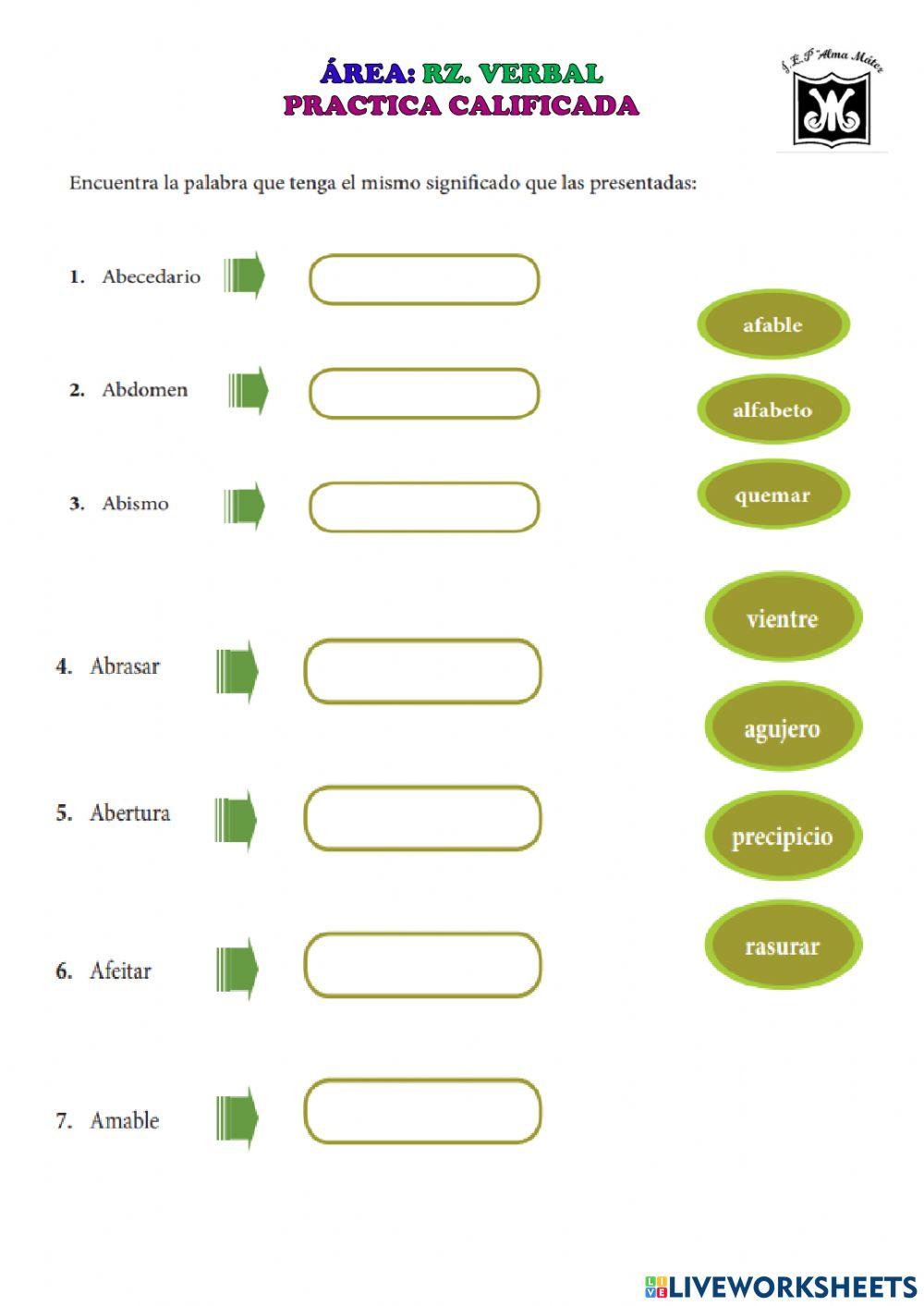 PRACTICA CALIFICADA DE SINÓNIMOS online exercise for | Live Worksheets