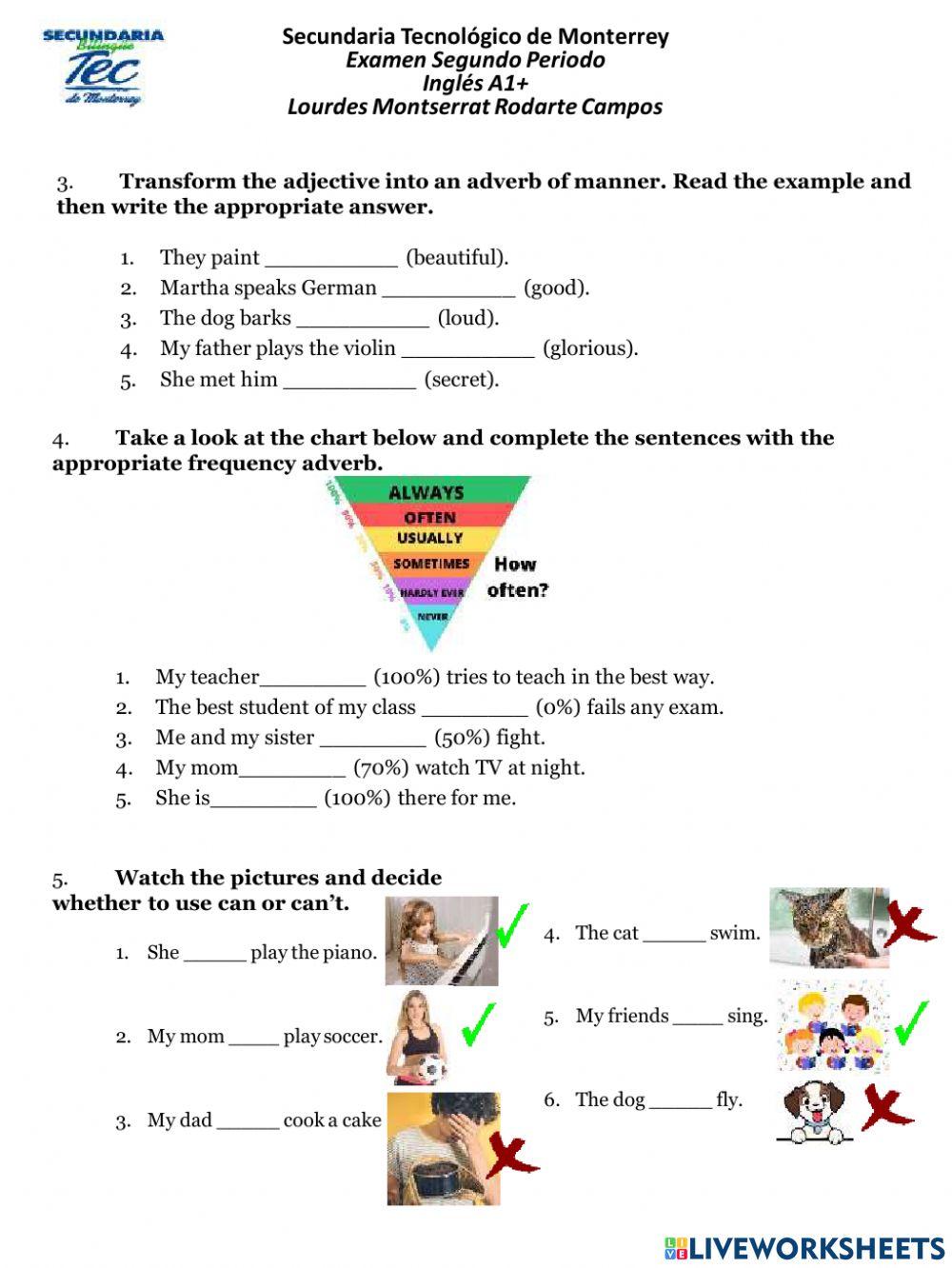 Examen de Recuperación Periodo II Inglés A1+