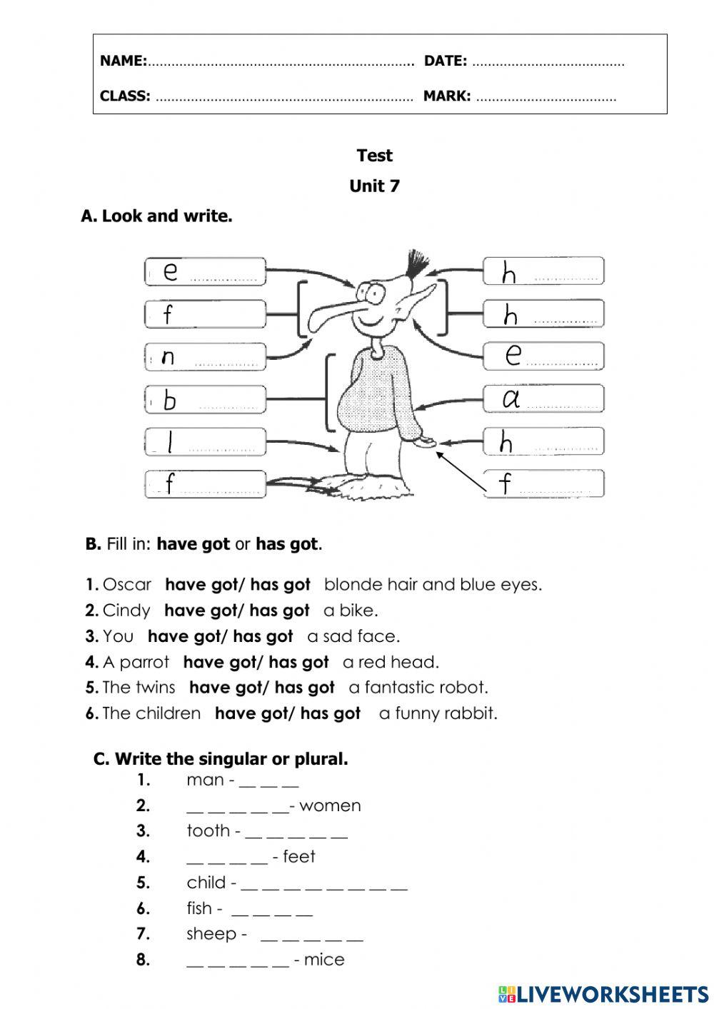 Welcome 1 - Unit 7 TEST