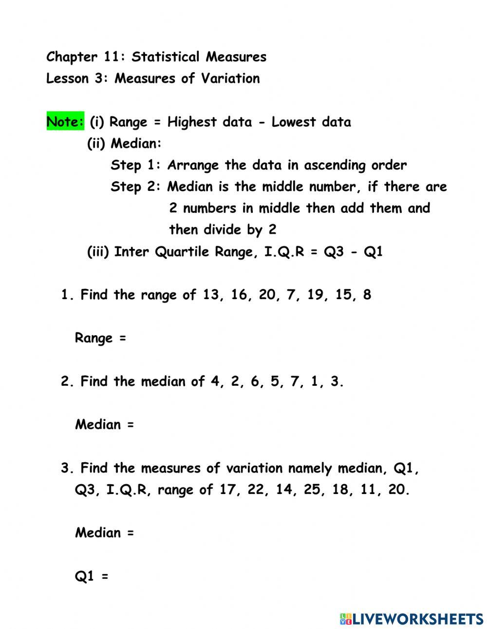 Ch 11 Ln 3 Measures of Variation worksheet | Live Worksheets