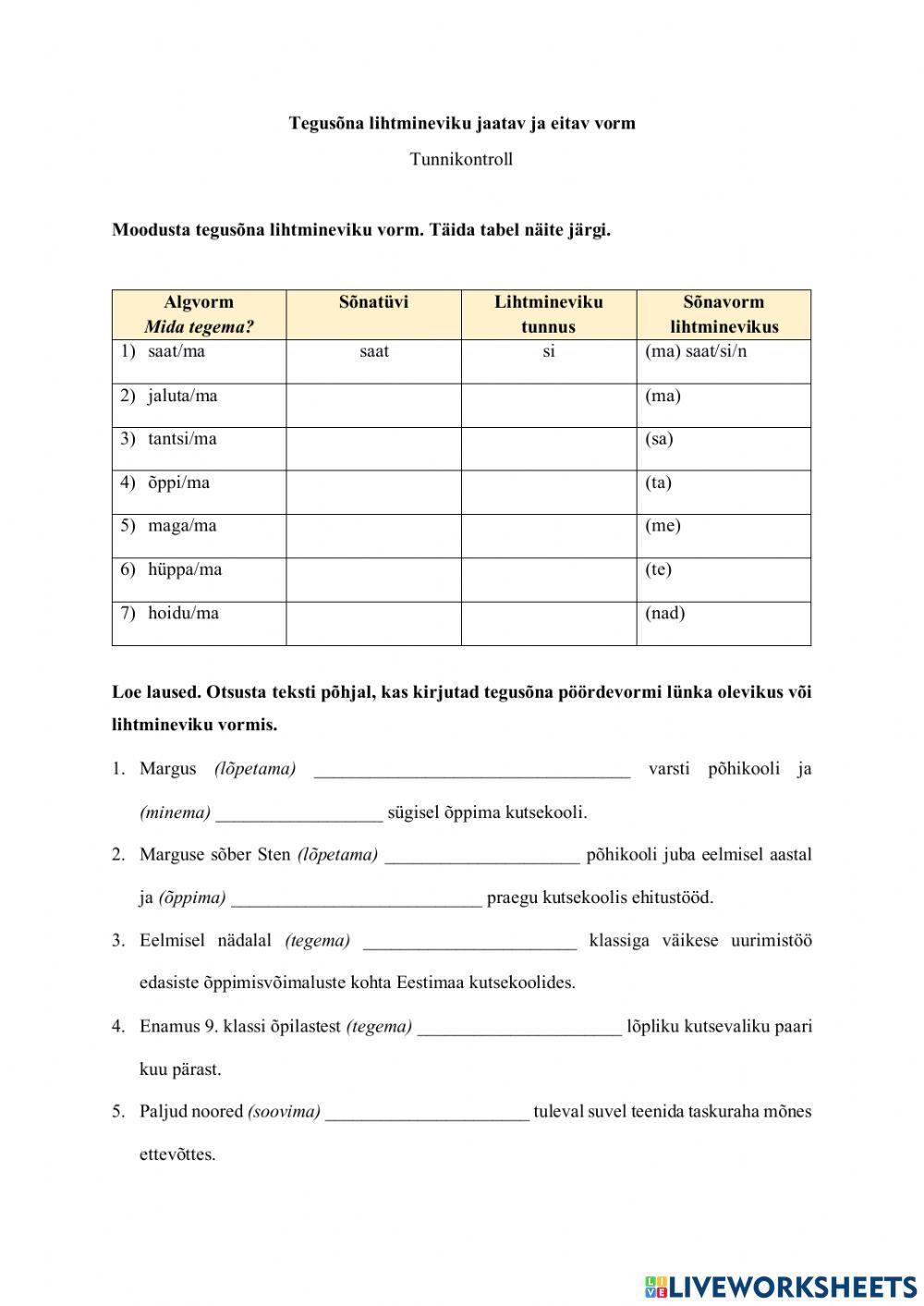 Tegusõna lihtmineviku jaatav ja eitav vorm