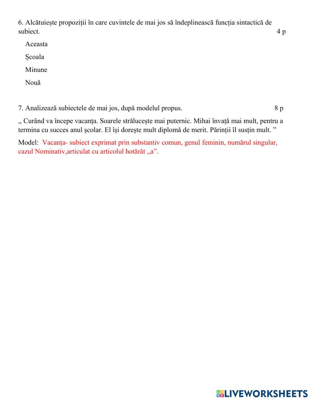 Evaluare subiectul, clasa 5