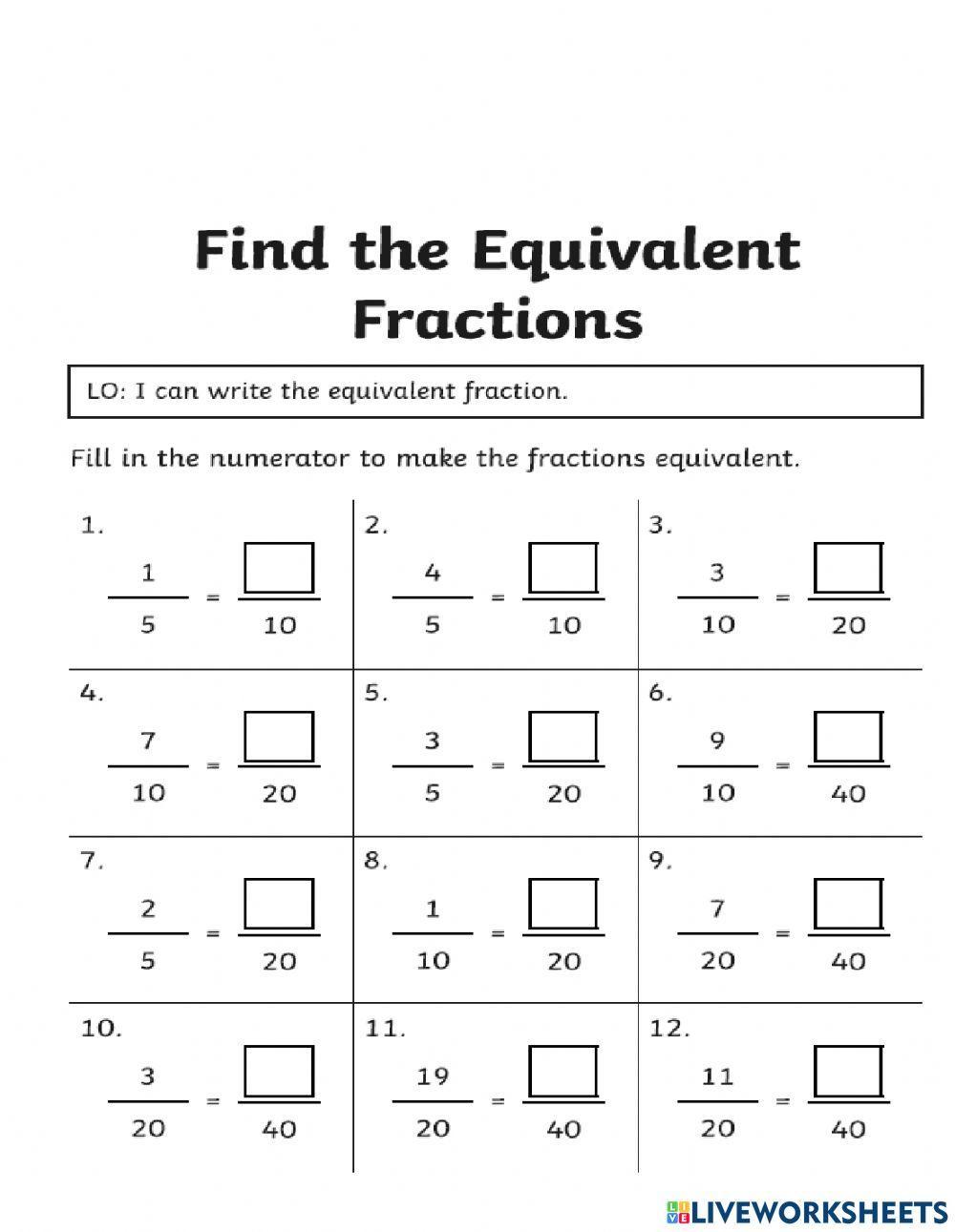Equivalent fractions finding the missing number