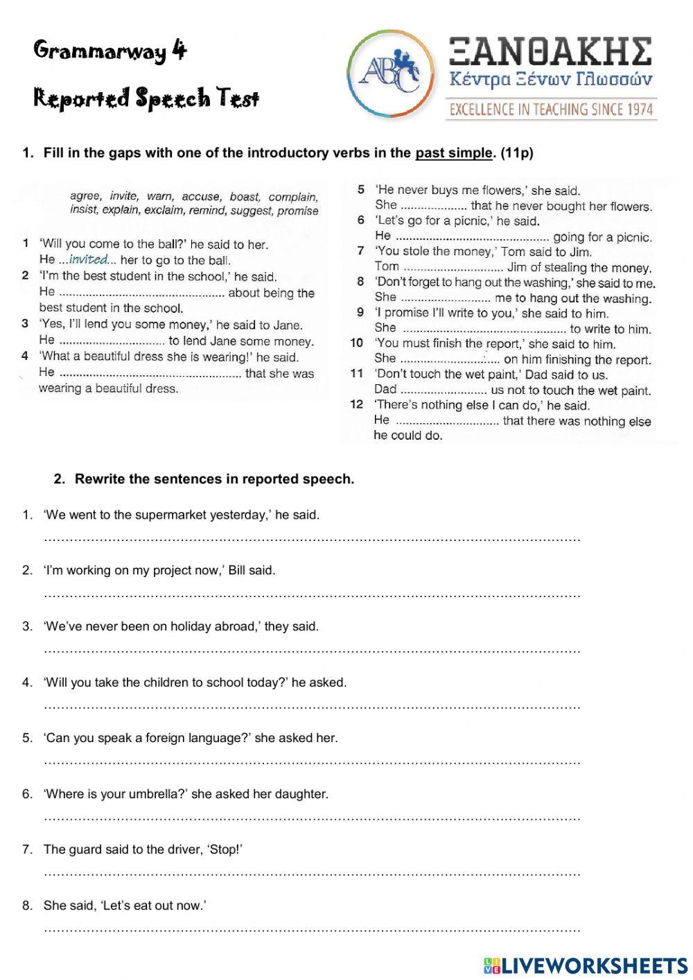 D Class Grammarway Unit 7 Reported Speech 6537561 | Maria