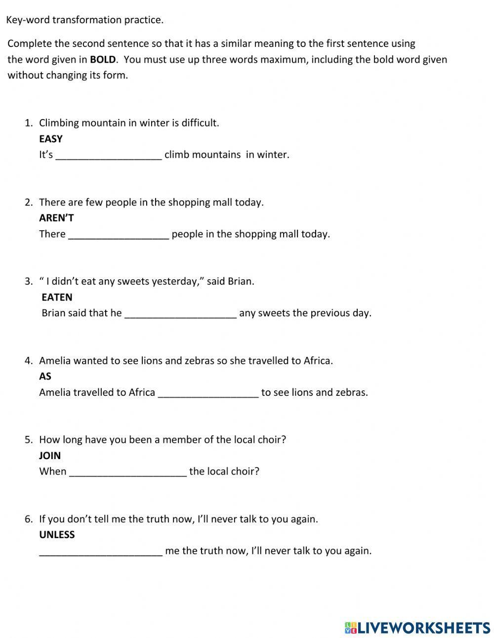 Key word transf… Free Interactive Worksheets 912757